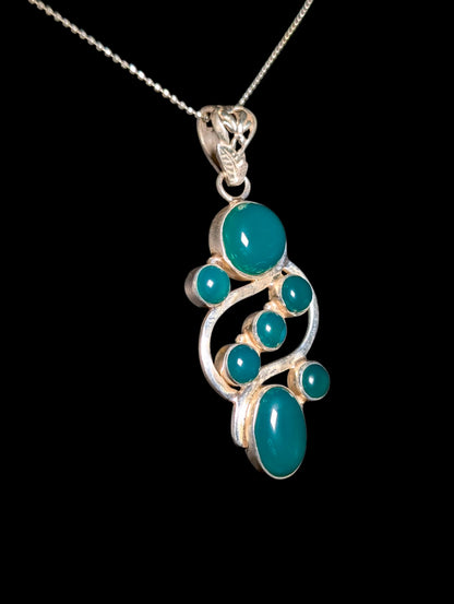 Vintage Cabochon Genuine Green Chrysoprase Pendant and Sterling Silver Chain Necklace
