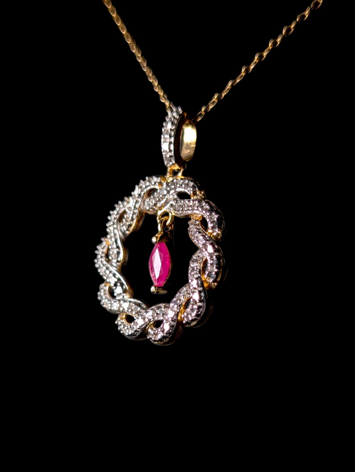 Vintage Marquise Cut Genuine Ruby and Diamond Accent Gold over Sterling Silver Wreath Pendant