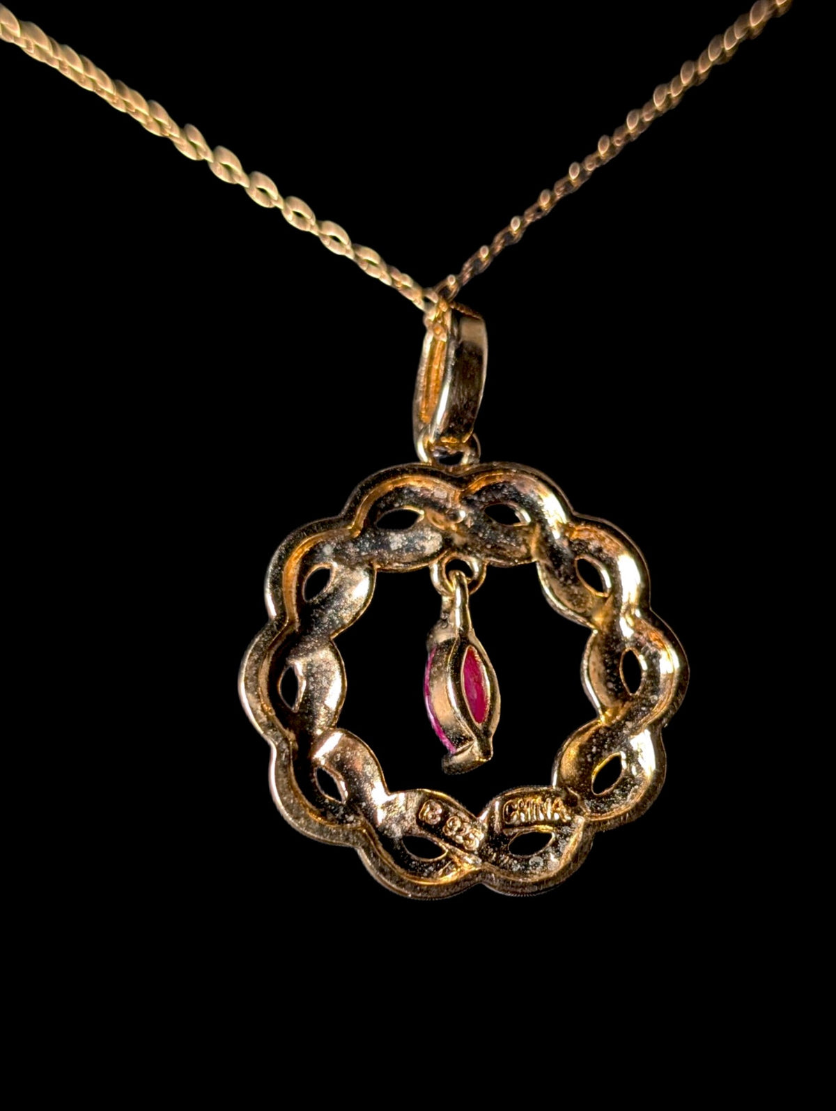 Vintage Marquise Cut Genuine Ruby and Diamond Accent Gold over Sterling Silver Wreath Pendant