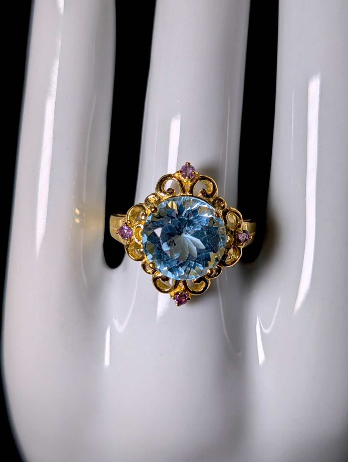 Vintage Victorian Inspired Round Cut Genuine Blue Topaz Solitaire and Amethyst 18k Gold over Sterling Ring