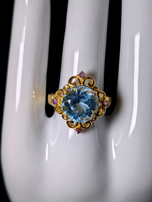Vintage Victorian Inspired Round Cut Genuine Blue Topaz Solitaire and Amethyst 18k Gold over Sterling Ring
