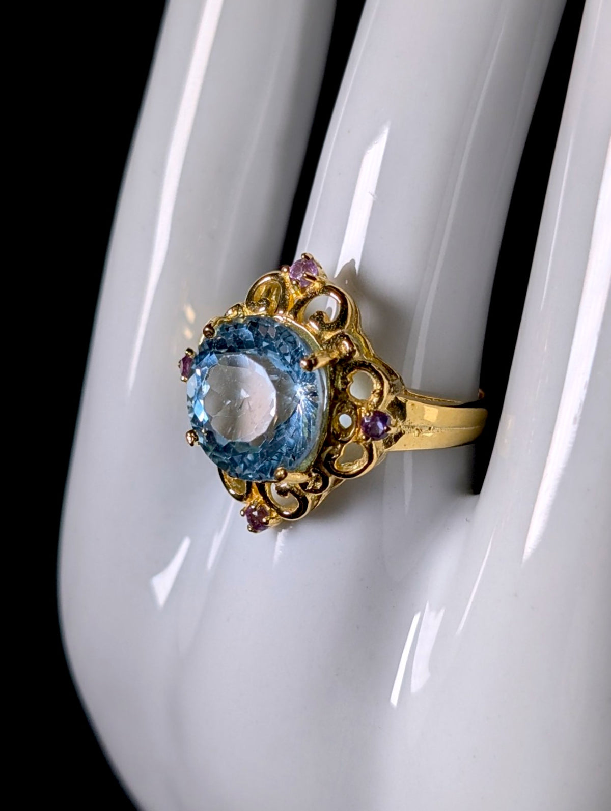 Vintage Victorian Inspired Round Cut Genuine Blue Topaz Solitaire and Amethyst 18k Gold over Sterling Ring