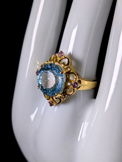Vintage Victorian Inspired Round Cut Genuine Blue Topaz Solitaire and Amethyst 18k Gold over Sterling Ring