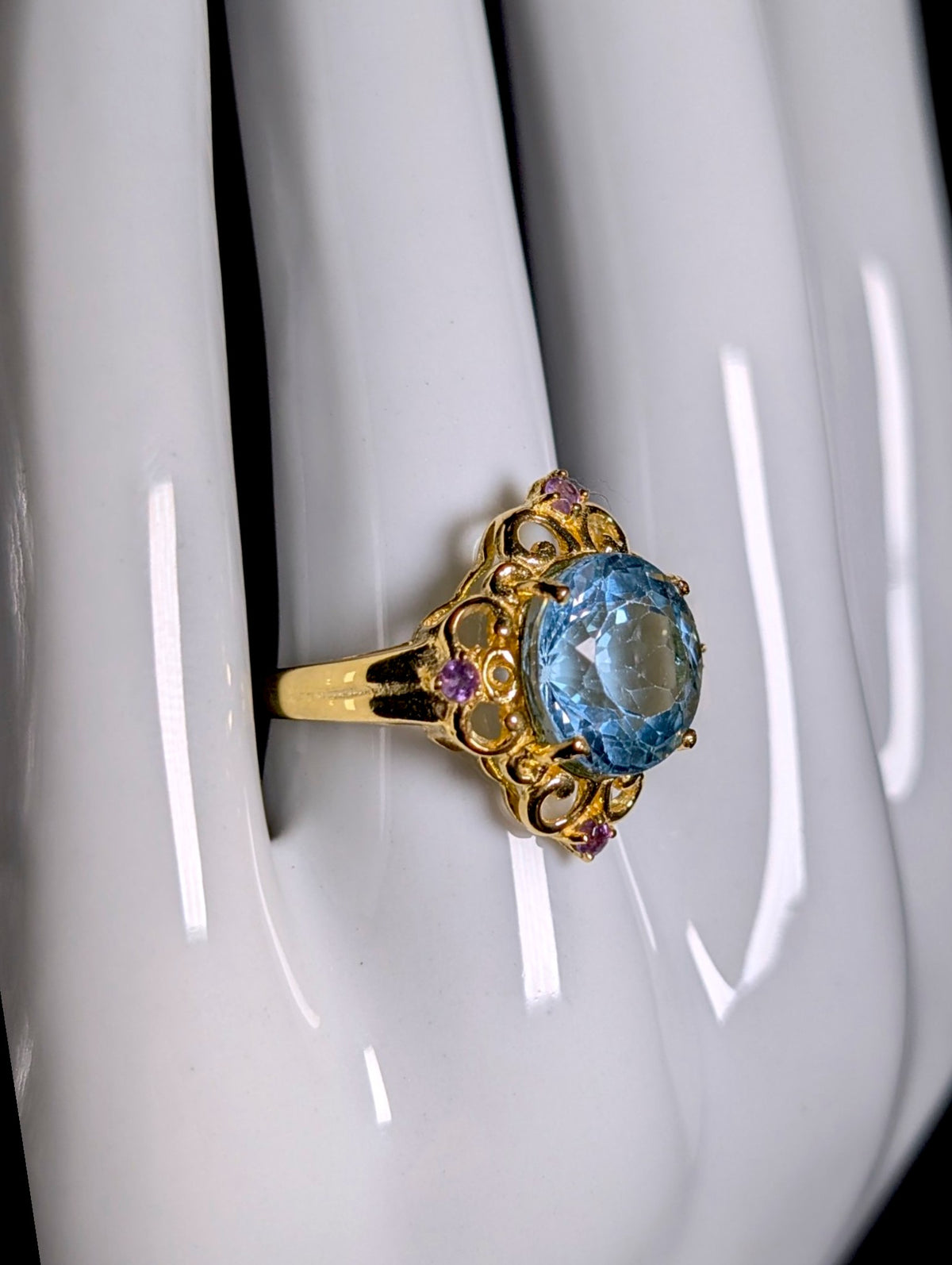 Vintage Victorian Inspired Round Cut Genuine Blue Topaz Solitaire and Amethyst 18k Gold over Sterling Ring