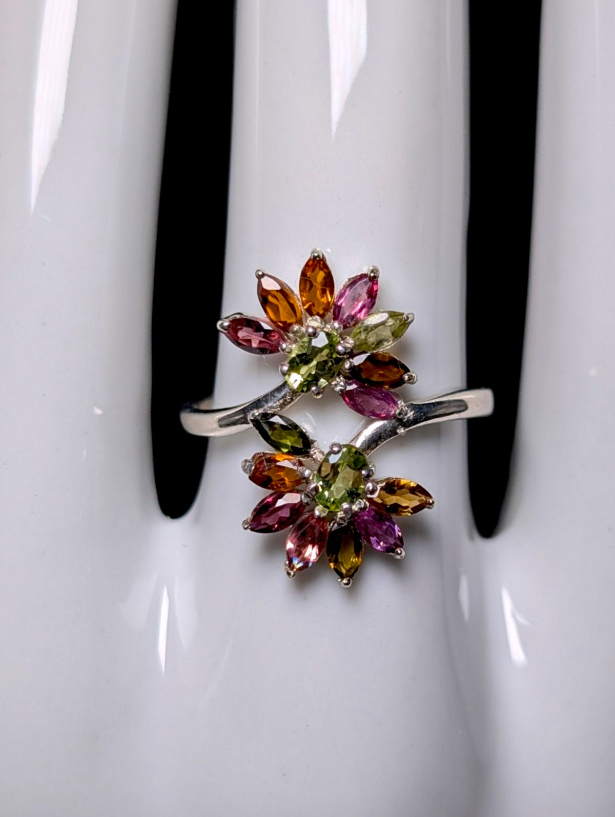 Vintage Double Flower Genuine Rainbow Tourmaline Sterling Silver Wrap Ring