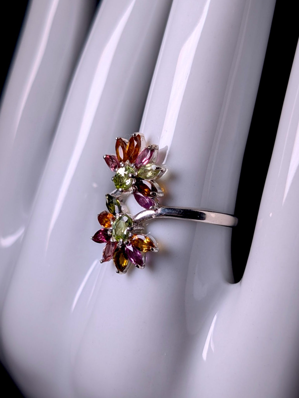 Vintage Double Flower Genuine Rainbow Tourmaline Sterling Silver Wrap Ring