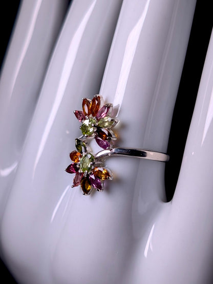 Vintage Double Flower Genuine Rainbow Tourmaline Sterling Silver Wrap Ring