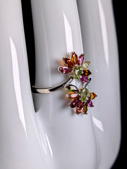 Vintage Double Flower Genuine Rainbow Tourmaline Sterling Silver Wrap Ring