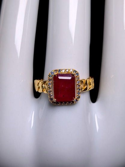 Vintage Emerald Cut Genuine Ruby Solitaire with Blue Sapphire Halo Gold over Sterling Silver Ring