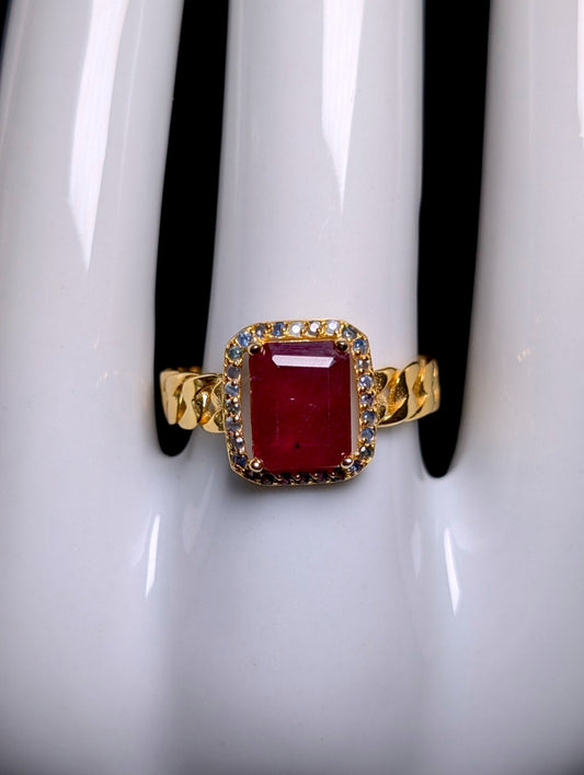 Vintage Emerald Cut Genuine Ruby Solitaire with Blue Sapphire Halo Gold over Sterling Silver Ring
