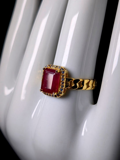 Vintage Emerald Cut Genuine Ruby Solitaire with Blue Sapphire Halo Gold over Sterling Silver Ring
