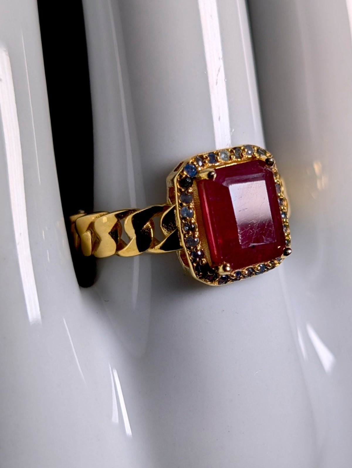 Vintage Emerald Cut Genuine Ruby Solitaire with Blue Sapphire Halo Gold over Sterling Silver Ring