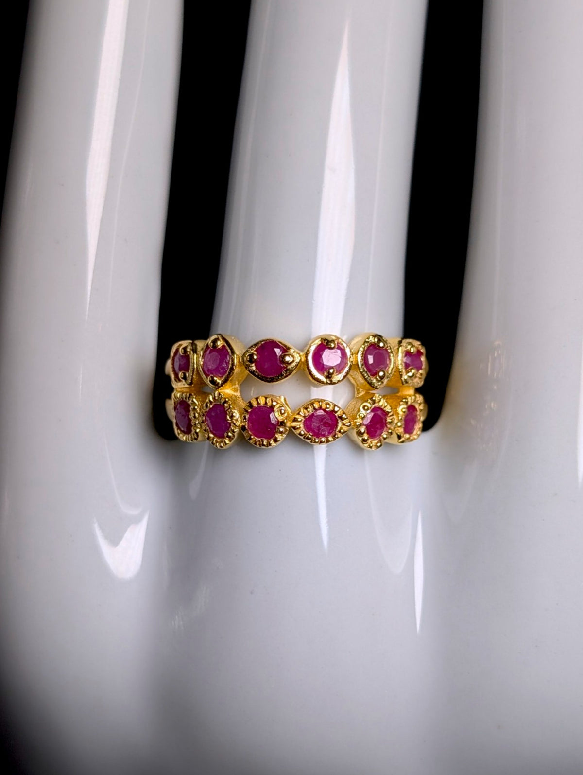 Vintage Mixed Cut Genuine Ruby Double Band Gold over Sterling Silver Ring