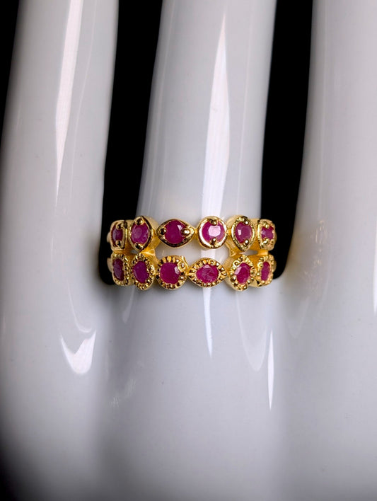 Vintage Mixed Cut Genuine Ruby Double Band Gold over Sterling Silver Ring