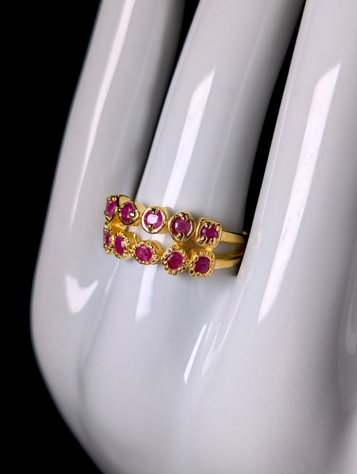 Vintage Mixed Cut Genuine Ruby Double Band Gold over Sterling Silver Ring