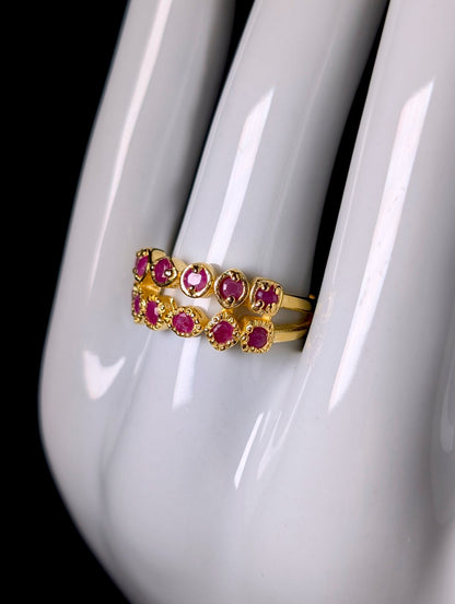 Vintage Mixed Cut Genuine Ruby Double Band Gold over Sterling Silver Ring