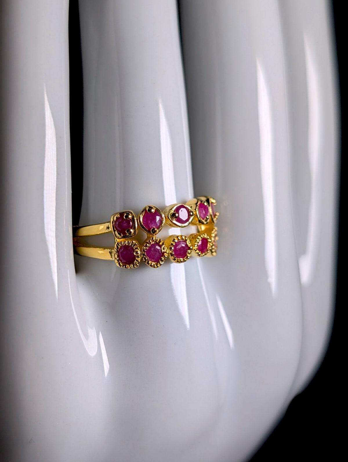 Vintage Mixed Cut Genuine Ruby Double Band Gold over Sterling Silver Ring