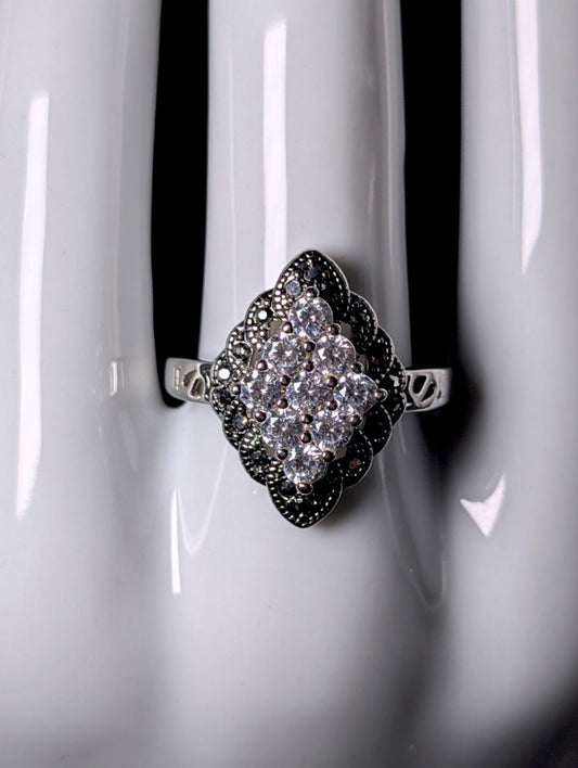 Vintage Genuine Marcasite and Simulated Diamond Silver Toned Marquise Ring