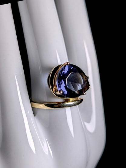 Vintage Simulated Alexandrite Large Solitaire Gold over Sterling Wrap Ring