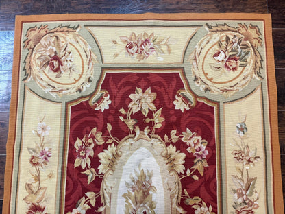 Aubusson Rug 4x6, Red, Floral, European Design, Vintage, Wool