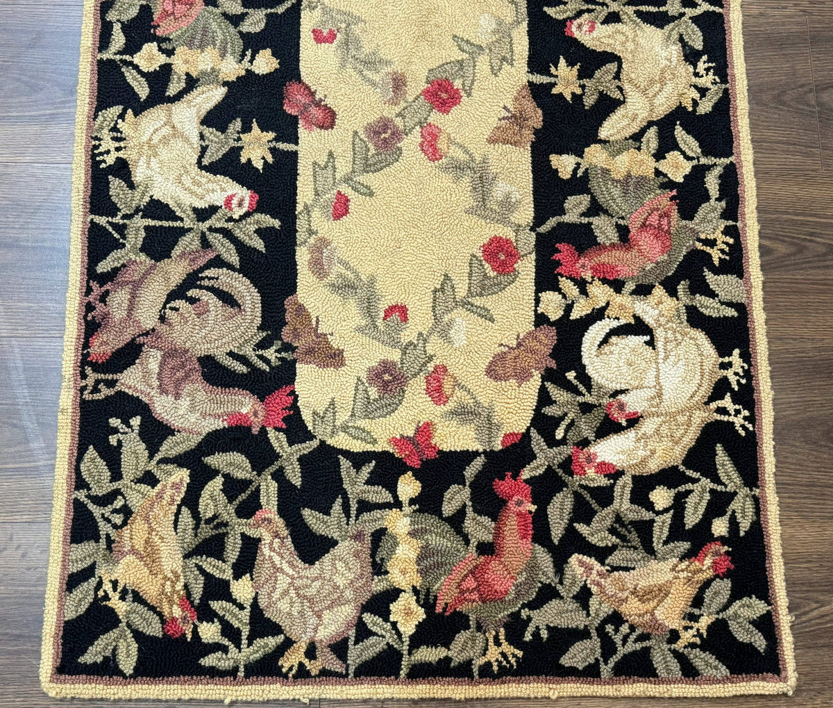 Small Vintage Hooked Rug, Roosters, Handmade, Wool