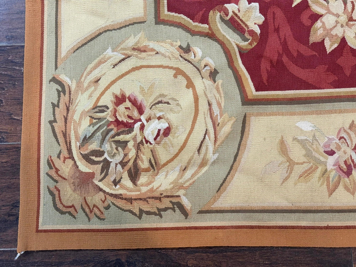 Aubusson Rug 4x6, Red, Floral, European Design, Vintage, Wool