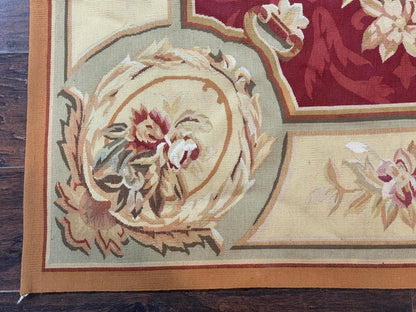 Aubusson Rug 4x6, Red, Floral, European Design, Vintage, Wool