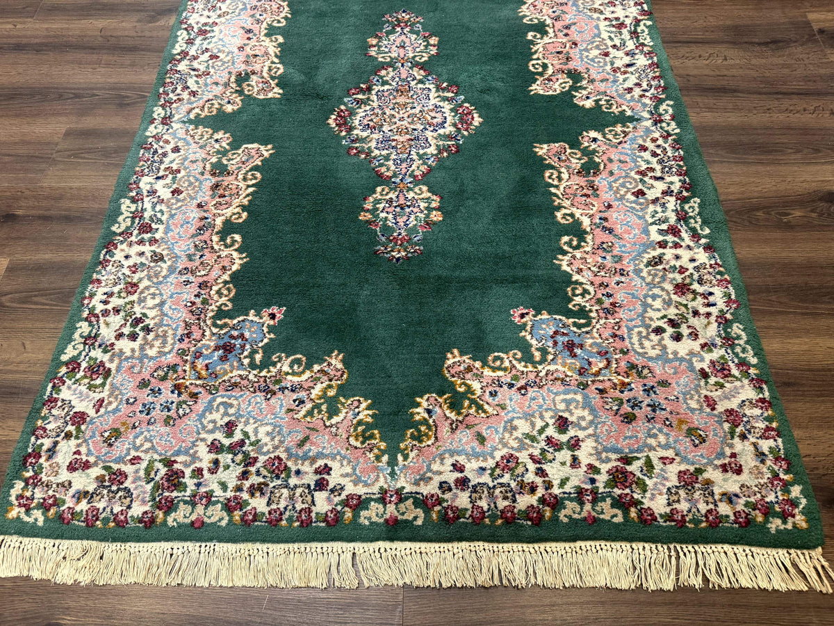 Persian Kerman Rug 4x6, Green Ivory Pink, Wool Vintage, Semi Open Field