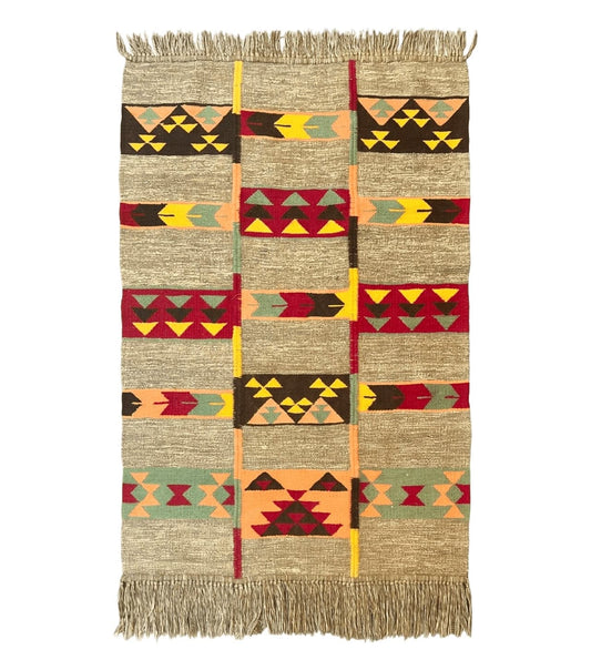 South American Flatweave Rug, Gray, Handmade Vintage Wool Bohemian Blanket