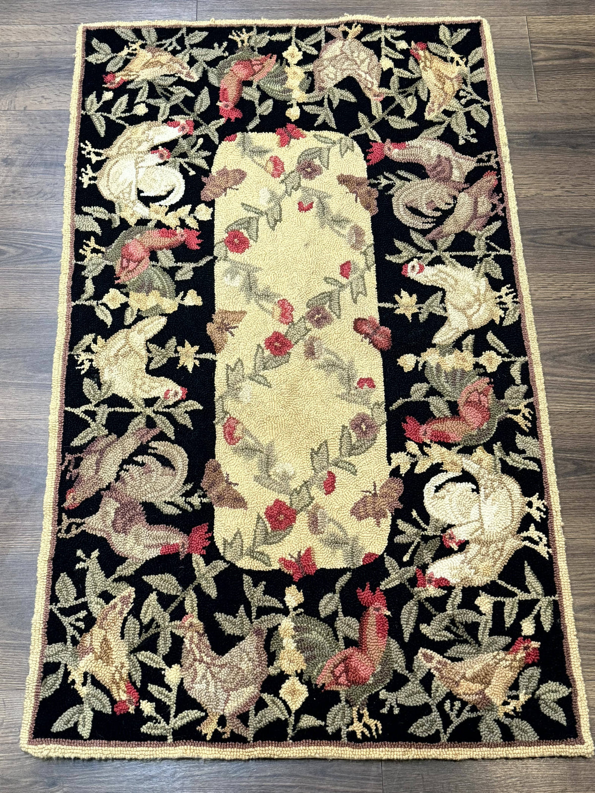 Small Vintage Hooked Rug, Roosters, Handmade, Wool