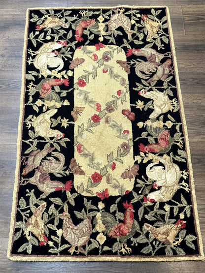 Small Vintage Hooked Rug, Roosters, Handmade, Wool
