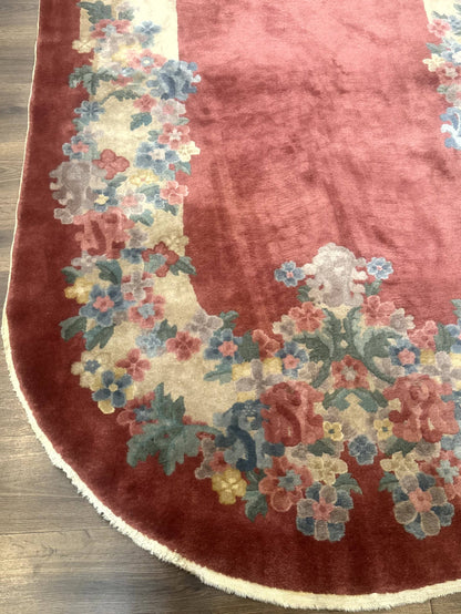 Oval Chinese Peking Rug 5x8, Pink, Floral, Vintage Chinese Wool Carpet
