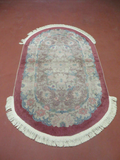 Oval Chinese Art Deco Rug 3x5 Vintage Wool Carpet