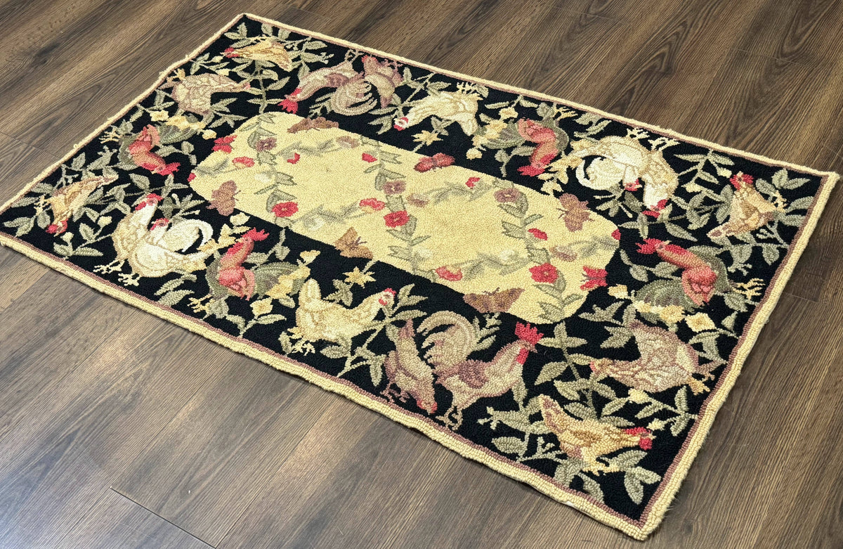 Small Vintage Hooked Rug, Roosters, Handmade, Wool