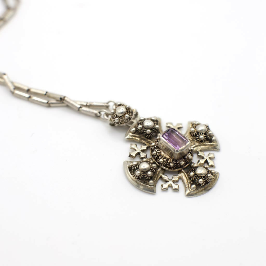 Vintage Genuine Amethyst Crusader Cross Pendant Necklace In Silver