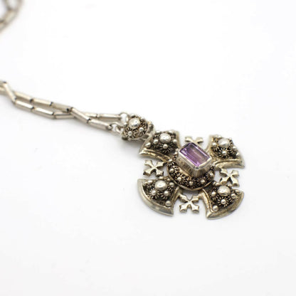Vintage Genuine Amethyst Crusader Cross Pendant Necklace In Silver