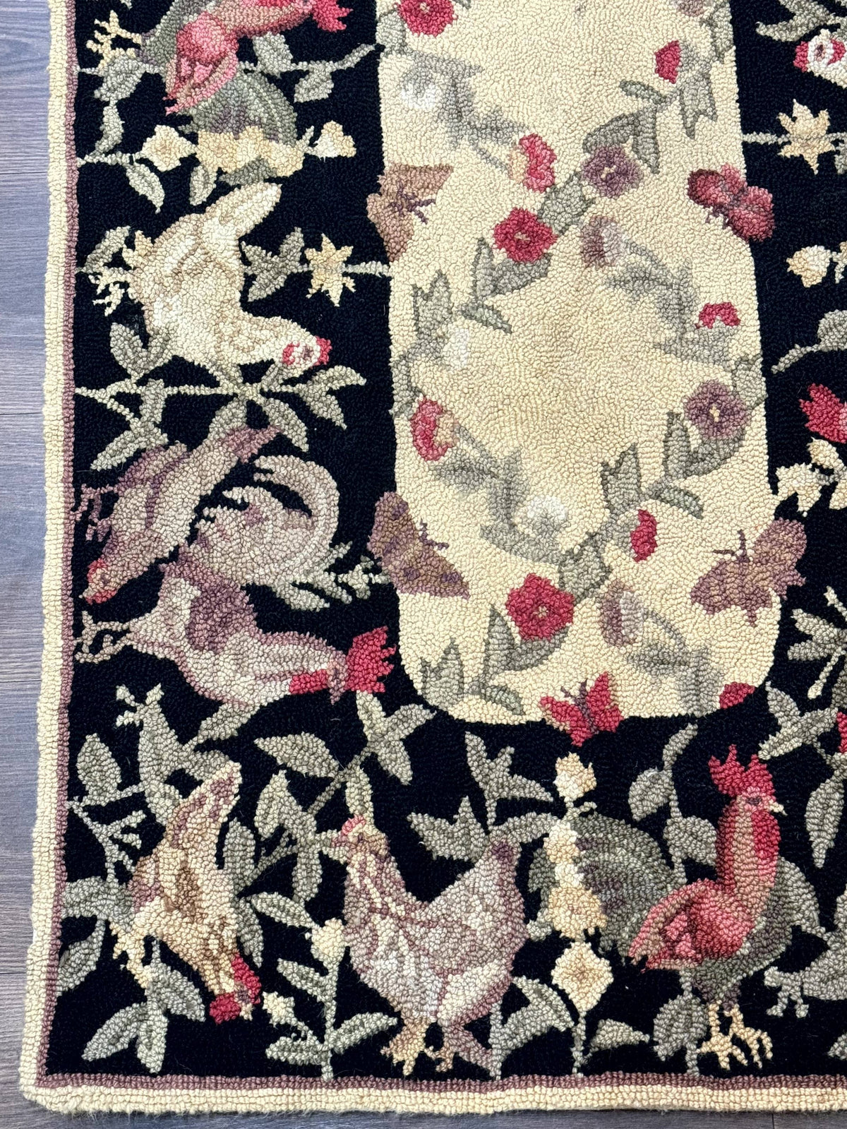 Small Vintage Hooked Rug, Roosters, Handmade, Wool