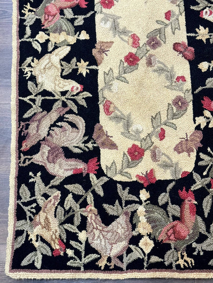 Small Vintage Hooked Rug, Roosters, Handmade, Wool