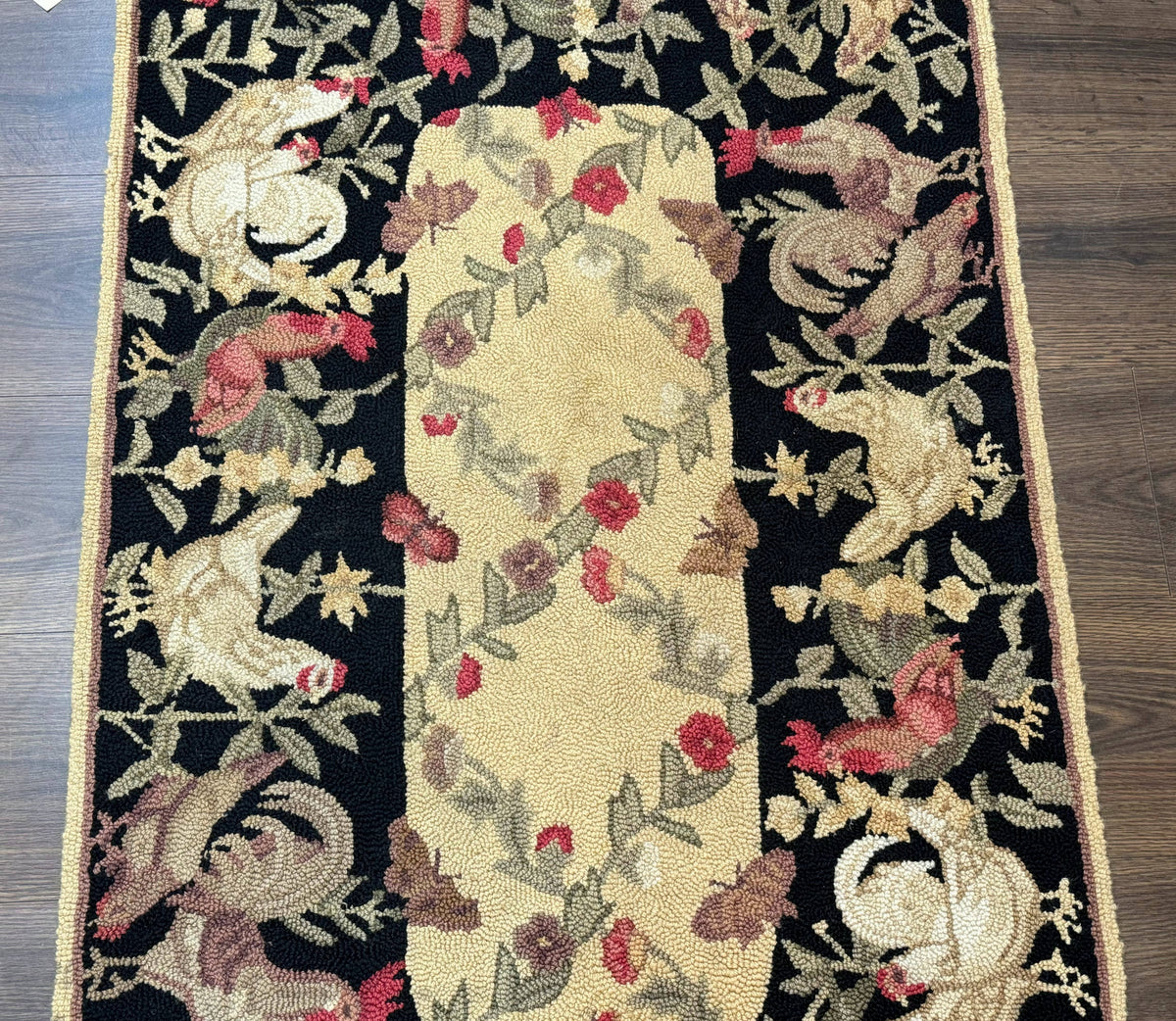 Small Vintage Hooked Rug, Roosters, Handmade, Wool
