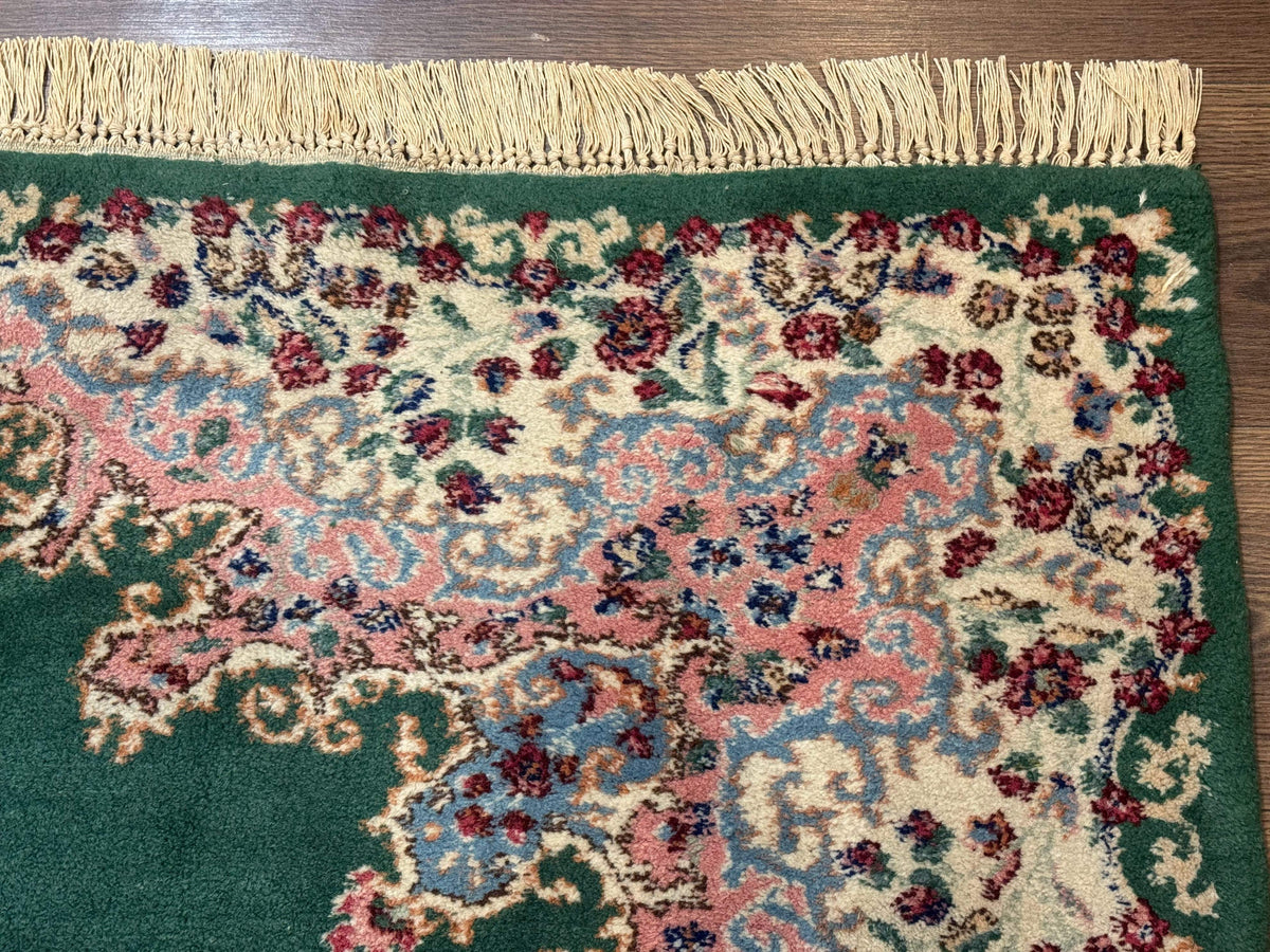 Persian Kerman Rug 4x6, Green Ivory Pink, Wool Vintage, Semi Open Field