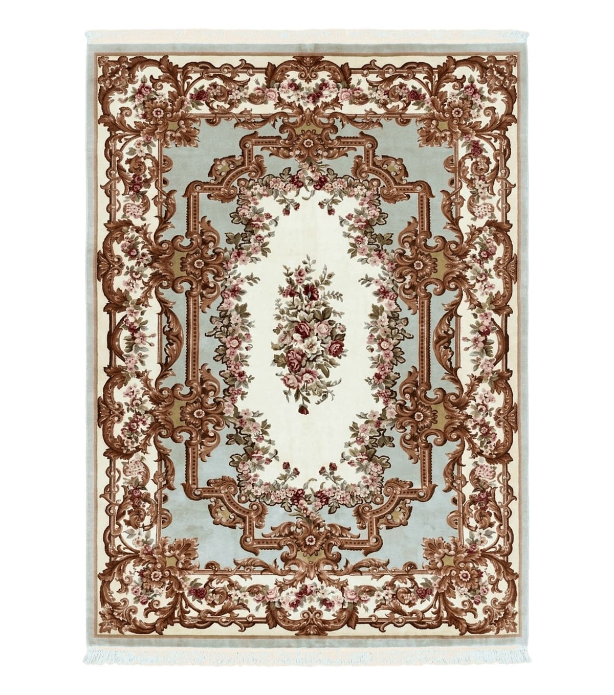 Aubusson Rug 10x13, Cream and Light Mint Green Hand Knotted Handmade French Savonnerie European Carpet, Wool Pile, Large Room Sized Vintage
