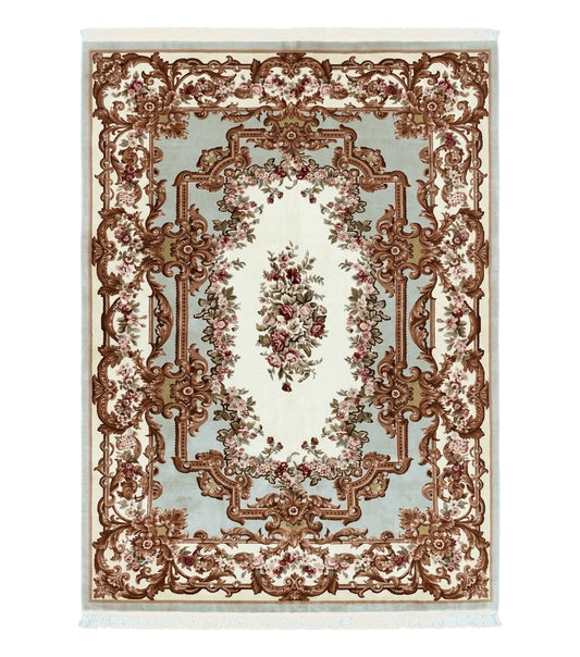Aubusson Rug 10x13, Cream and Light Mint Green Hand Knotted Handmade French Savonnerie European Carpet, Wool Pile, Large Room Sized Vintage