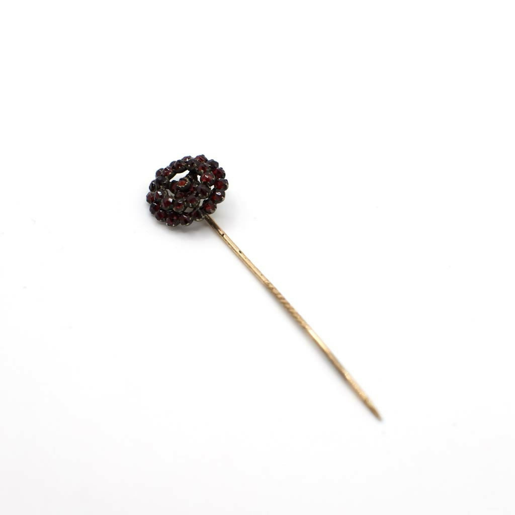 Antique Victorian Rose Cut Simulated Bohemian Garnet Stick Pin In 14K Gold Over Base Metal