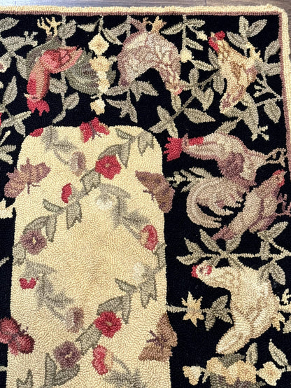 Small Vintage Hooked Rug, Roosters, Handmade, Wool
