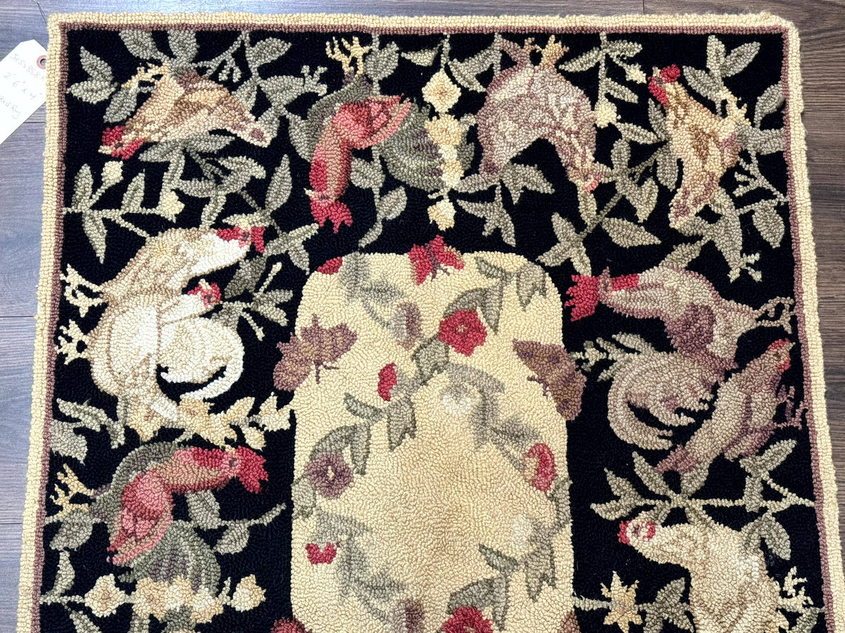 Small Vintage Hooked Rug, Roosters, Handmade, Wool