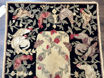 Small Vintage Hooked Rug, Roosters, Handmade, Wool