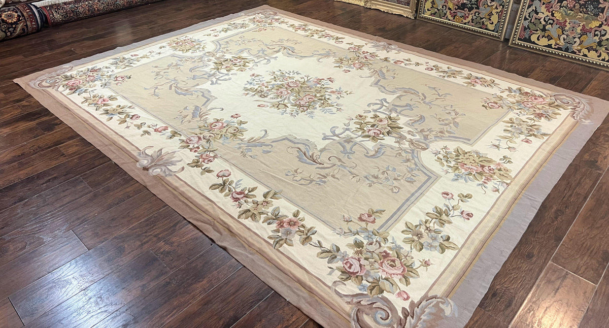 Aubusson Needlepoint Rug 9x12, VIntage Handmade Wool Beige Floral European Elegant Rug 9 x 12, Floral Roses