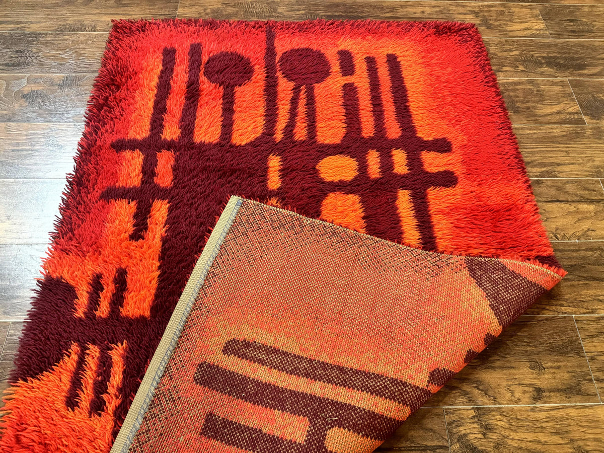 Danish Rya Shag Rug 4x6, Red Vintage Mid Century Retro Abstract Shag Rug