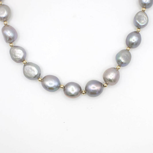 Vintage 14K Gold and Genuine Grey Baroque Pearl Necklace