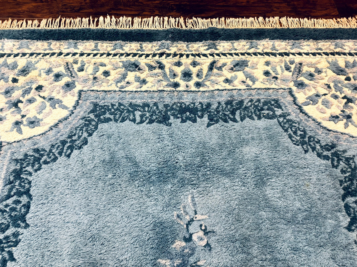 Indo Chinese Aubusson Rug 6x9, Light Blue and Ivory, Handmade Vintage Wool Carpet